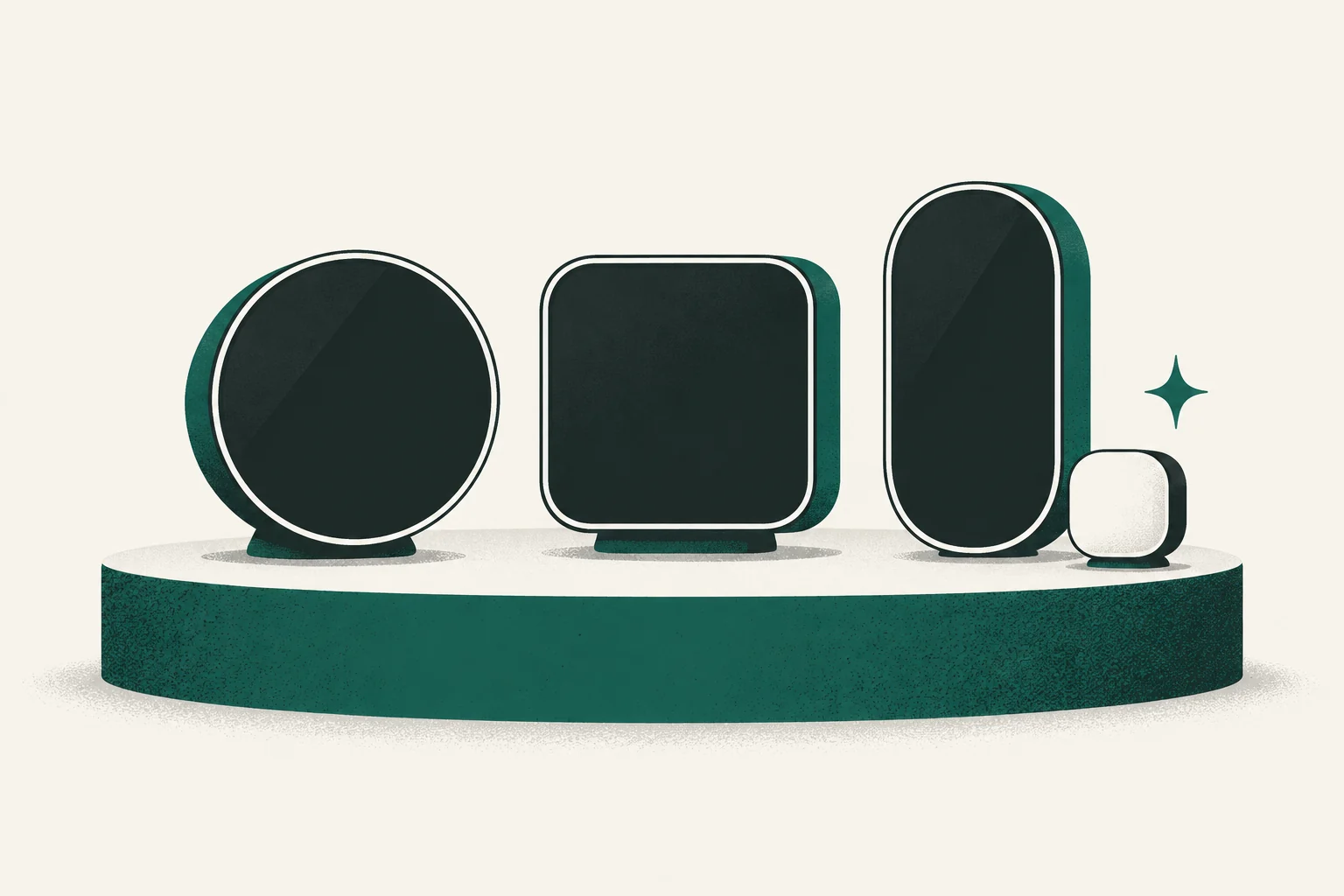 Three smart thermostat shapes and a room sensor arranged for comparison