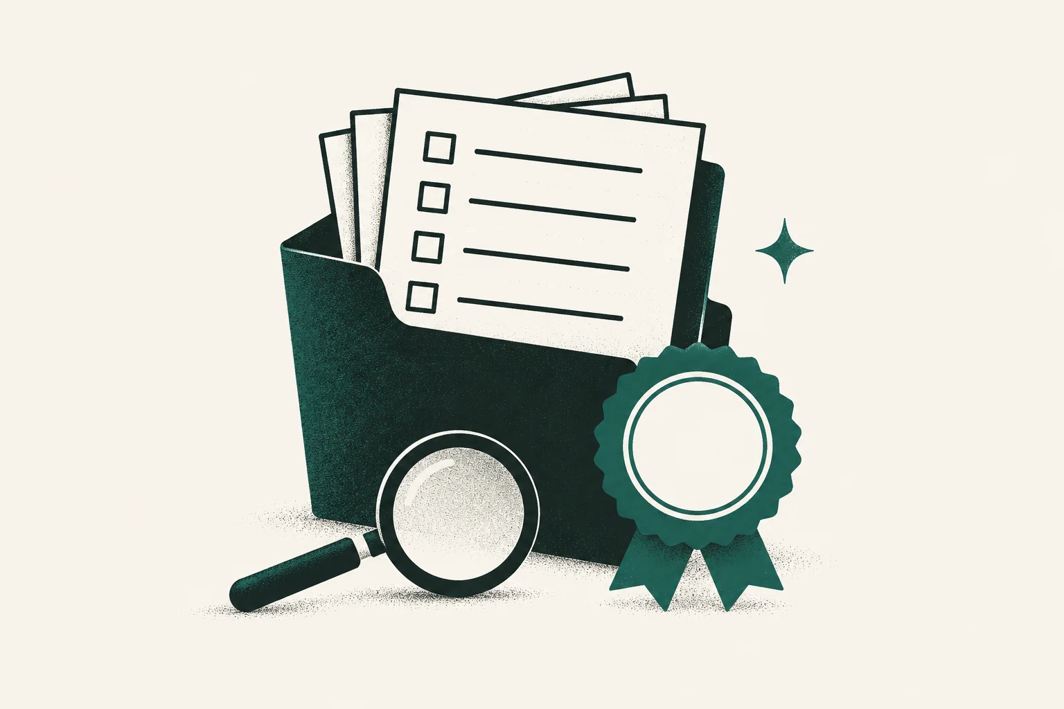 Heat-pump contractor proposal, credential seal, and magnifying glass