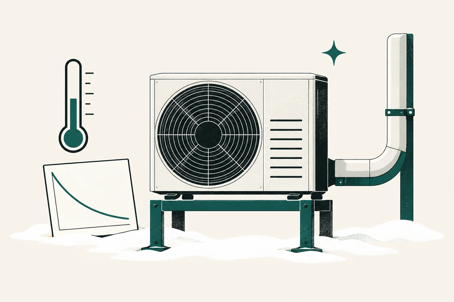 Raised cold-climate heat pump with a thermometer and performance sheet