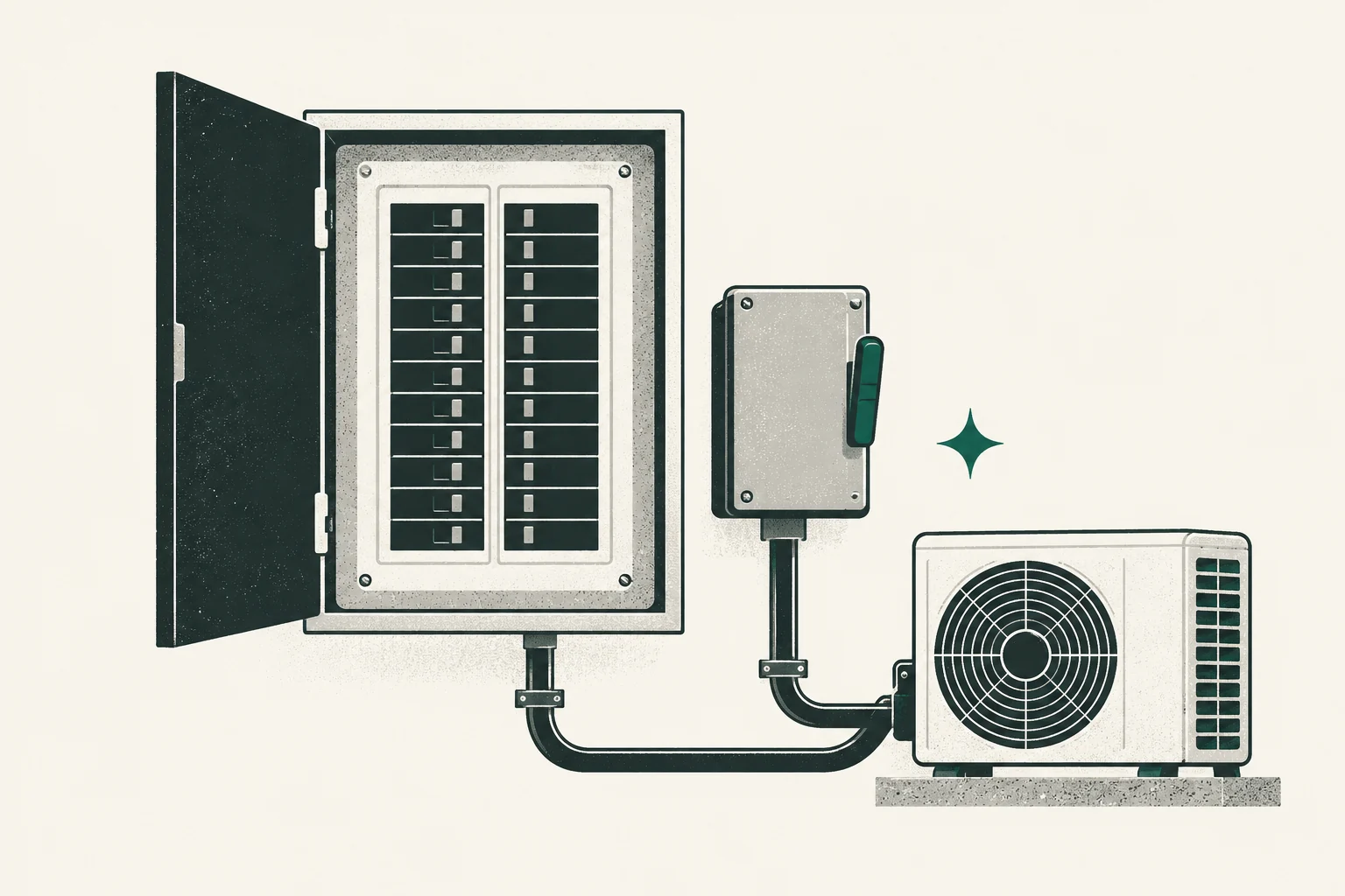Electrical panel and disconnect connected to a residential heat pump