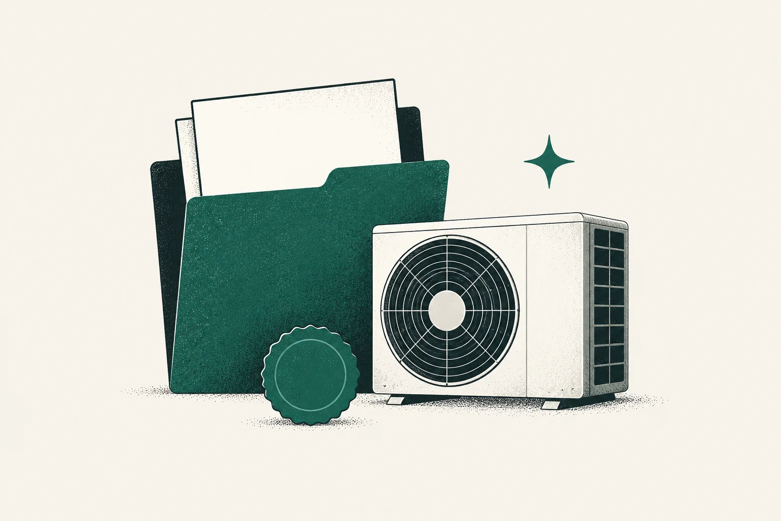Insurance policy folder beside residential heat-pump equipment