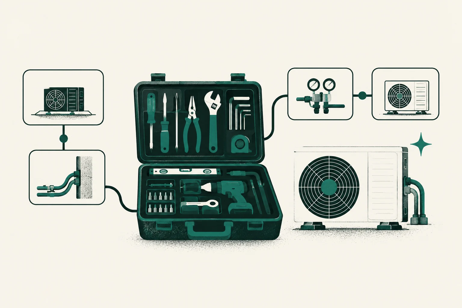 Tools and sequenced stages used during residential heat-pump installation